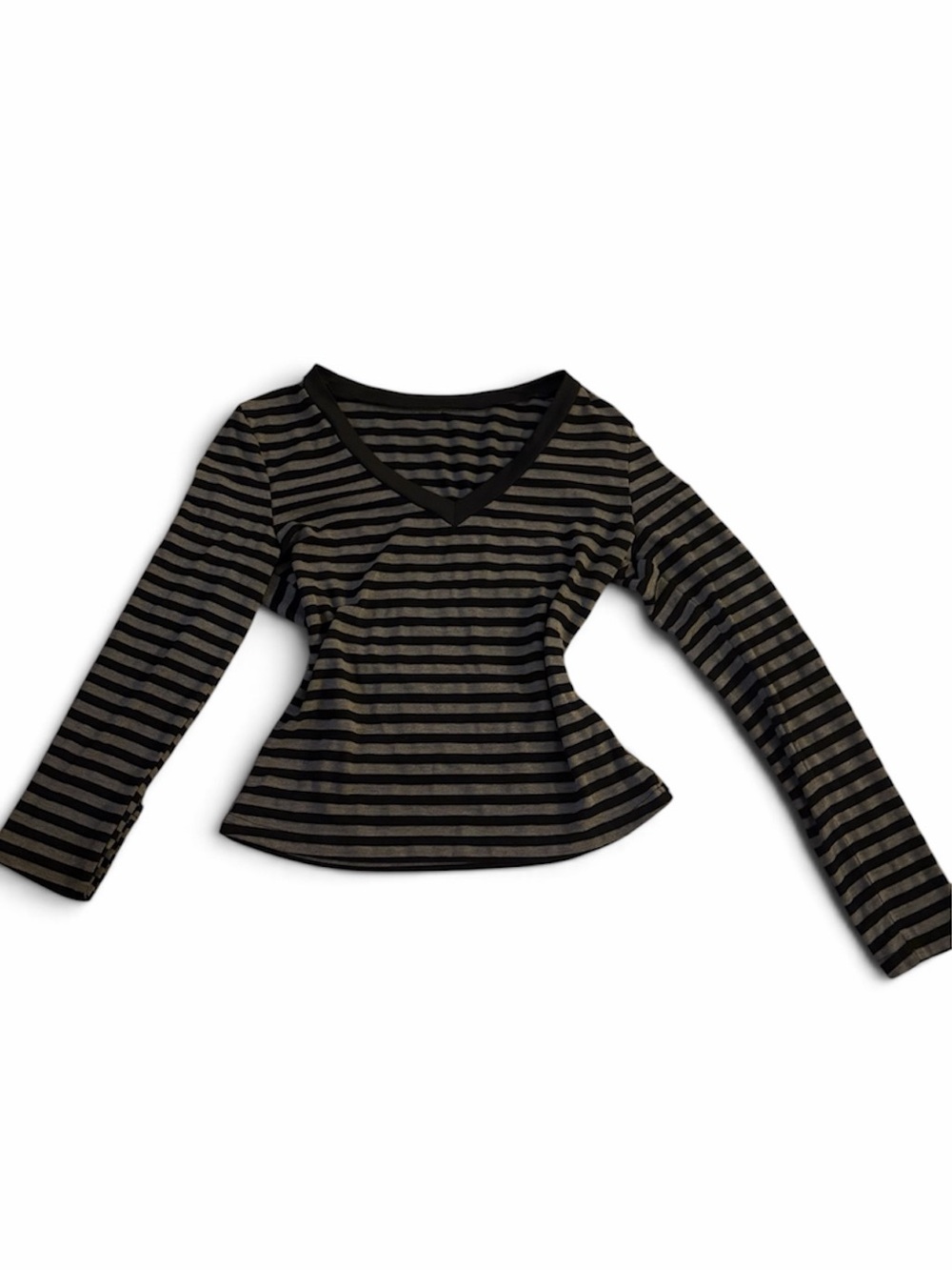 Striped V-Neck Long Sleeve Tee - Black & Gray